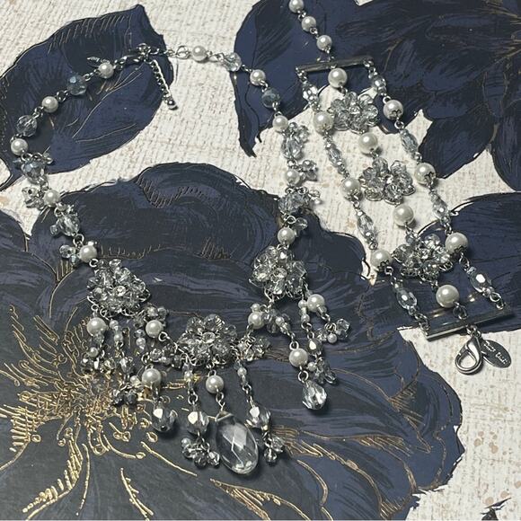 Estate WHBM Silver Crystal Flower and Faux Pearl Necklace and Bracelet Set - Picture 11 of 16